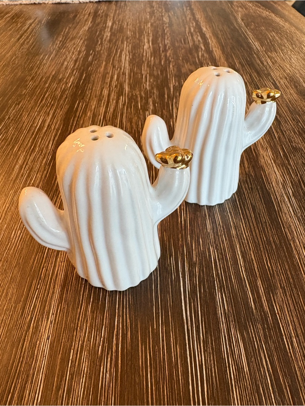 White Ceramic Cactus Salt & Pepper Shakers with Gold Accent